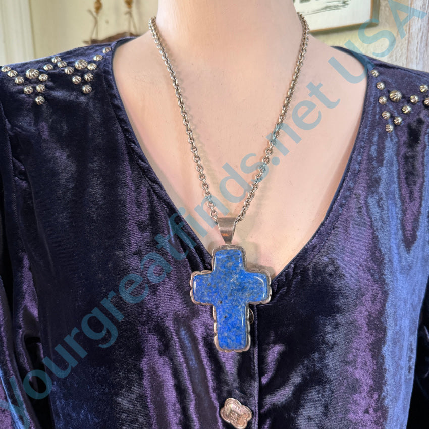 Large Sterling Silver Lapis Lazuli Cross Necklace.999 Chain Necklace