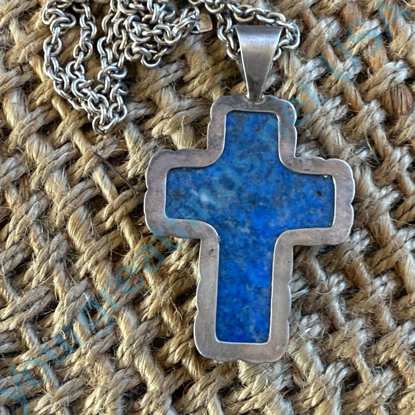 Large Sterling Silver Lapis Lazuli Cross Necklace.999 Chain Necklace