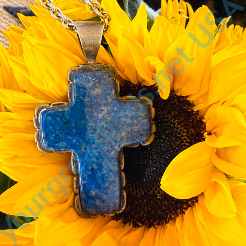 Large Sterling Silver Lapis Lazuli Cross Necklace.999 Chain Necklace