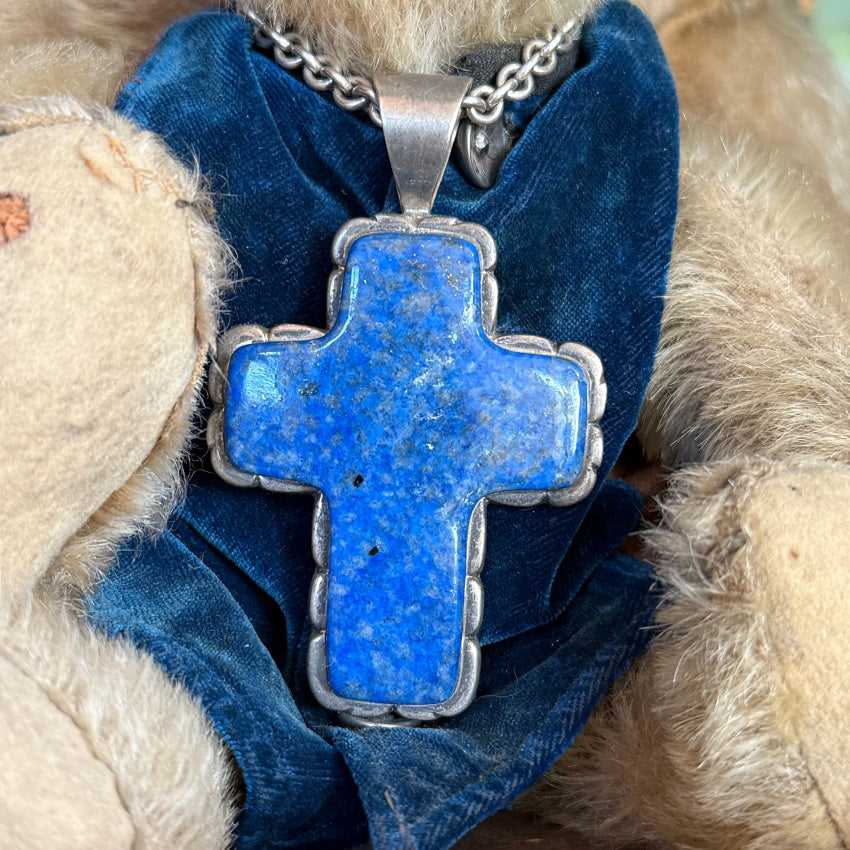 Large Sterling Silver Lapis Lazuli Cross Necklace.999 Chain Necklace