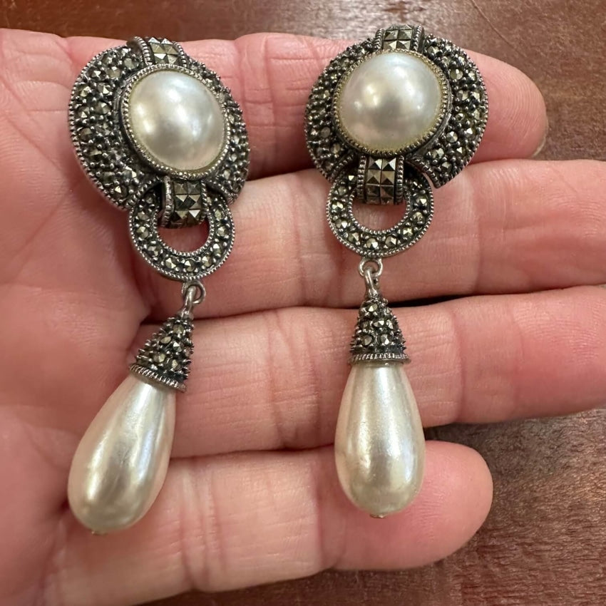 Large Sterling Silver Marcasite Faux Pearl Clip Earrings