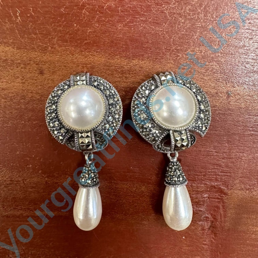 Large Sterling Silver Marcasite Faux Pearl Clip Earrings