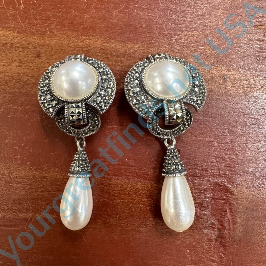 Large Sterling Silver Marcasite Faux Pearl Clip Earrings