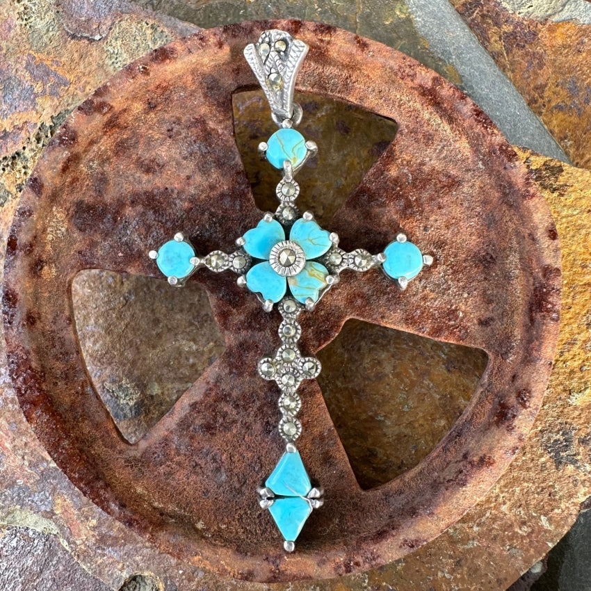 Large Sterling Silver Marcasite Turquoise Art Glass Cross Pendant