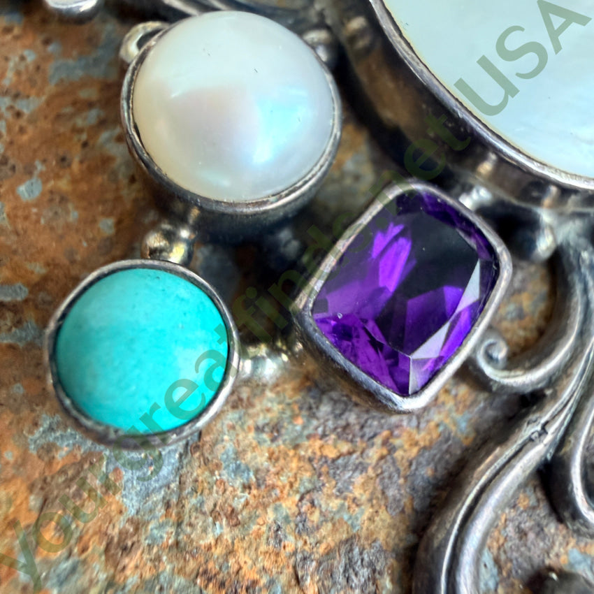 Large Sterling Silver Mother of Pearl Turquoise Amethyst Pendant pendant