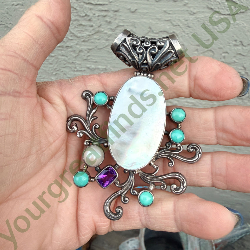 Large Sterling Silver Mother of Pearl Turquoise Amethyst Pendant pendant