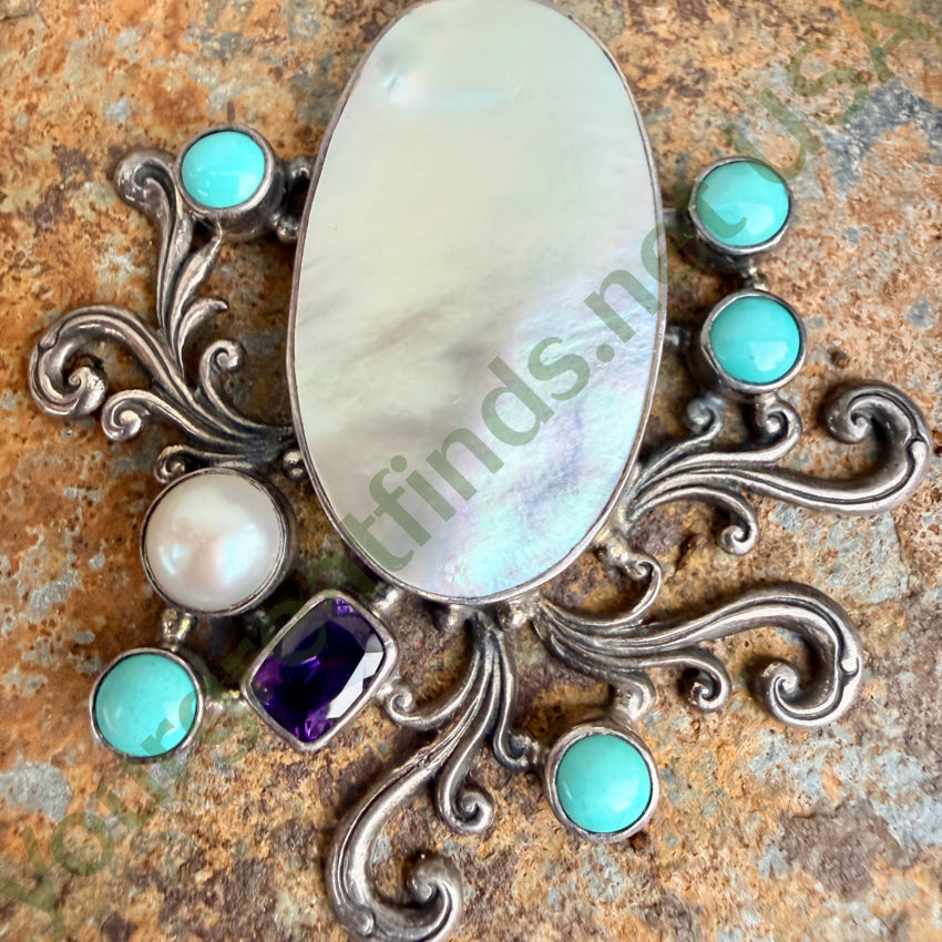 Large Sterling Silver Mother of Pearl Turquoise Amethyst Pendant pendant