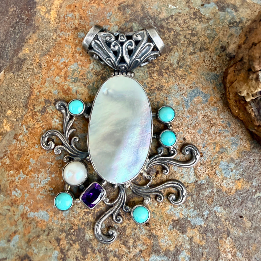 Large Sterling Silver Mother of Pearl Turquoise Amethyst Pendant pendant