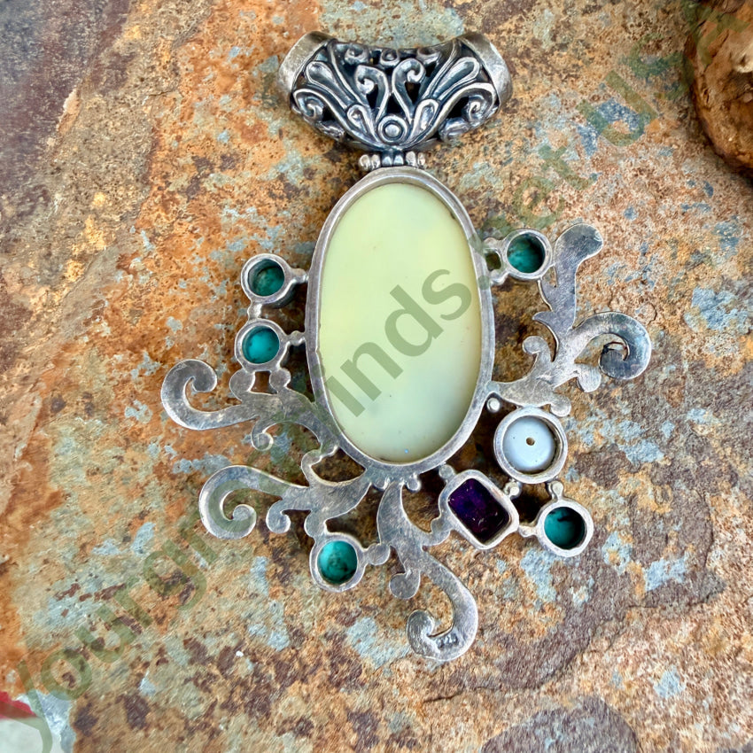 Large Sterling Silver Mother of Pearl Turquoise Amethyst Pendant pendant