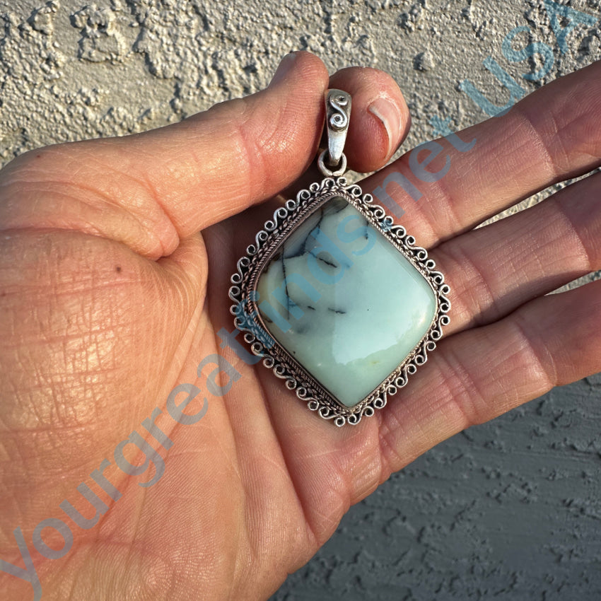 Large Sterling Silver Pale Green Dendritic Agate Pendant Pendant