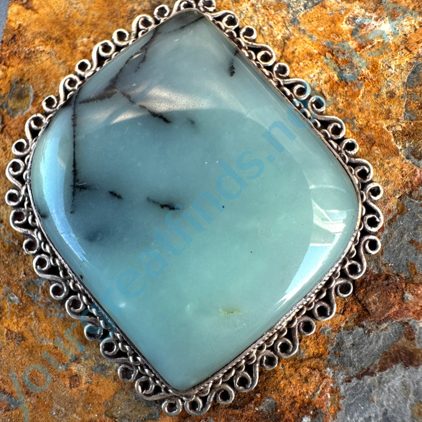 Large Sterling Silver Pale Green Dendritic Agate Pendant Pendant