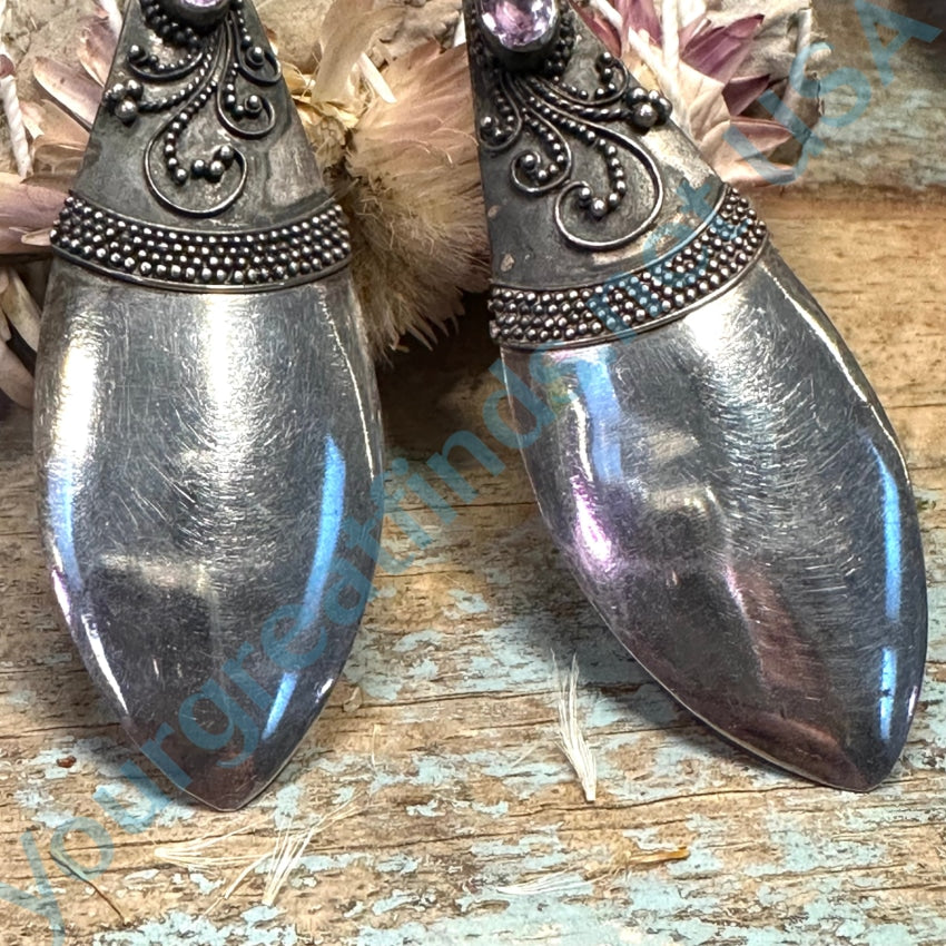 Large Sterling Silver &amp; Purple Amethyst Pierced Earrings