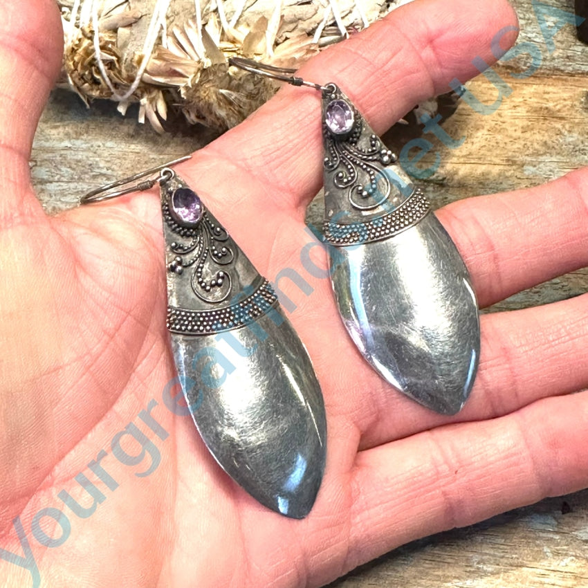 Large Sterling Silver &amp; Purple Amethyst Pierced Earrings