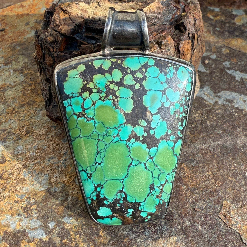 Large Sterling Silver Spider Web Turquoise Pendant pendant