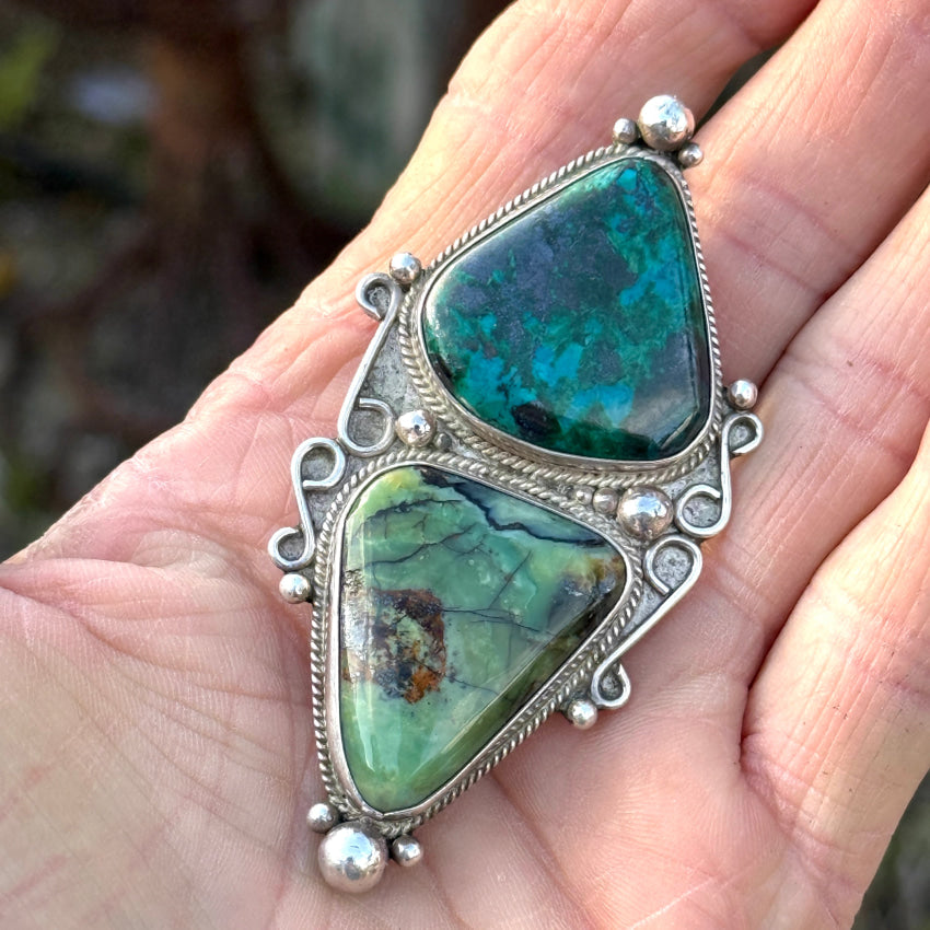 Large Sterling Silver Turquoise & Chrysocolla Enhancer Pendant Navajo pendant