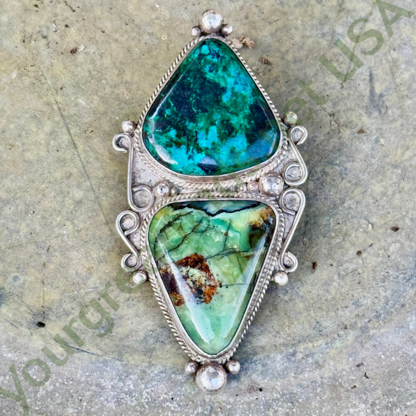 Large Sterling Silver Turquoise & Chrysocolla Enhancer Pendant Navajo pendant