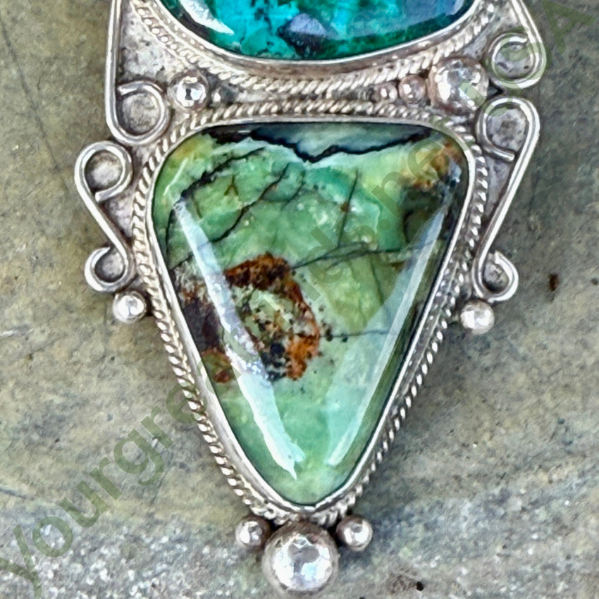 Large Sterling Silver Turquoise & Chrysocolla Enhancer Pendant Navajo pendant