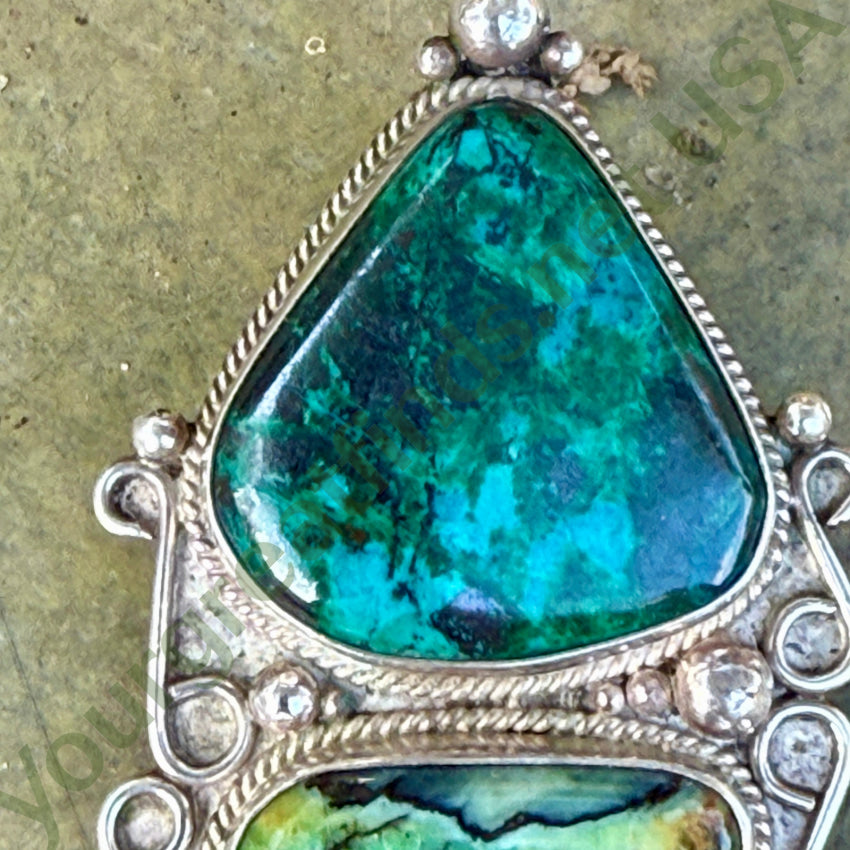 Large Sterling Silver Turquoise & Chrysocolla Enhancer Pendant Navajo pendant