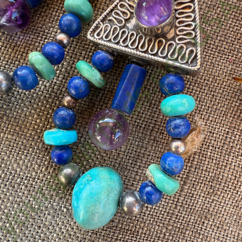 Large Sterling Silver Turquoise Lapis & Amethyst Hoop Pierced Earrings earrings