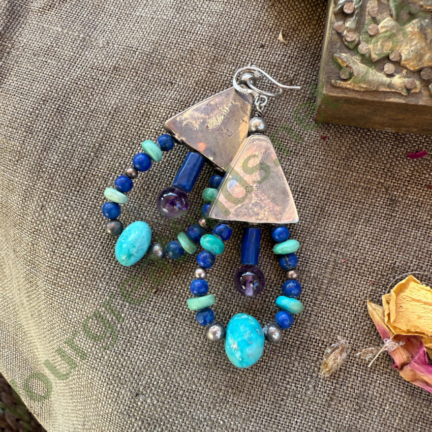 Large Sterling Silver Turquoise Lapis & Amethyst Hoop Pierced Earrings earrings