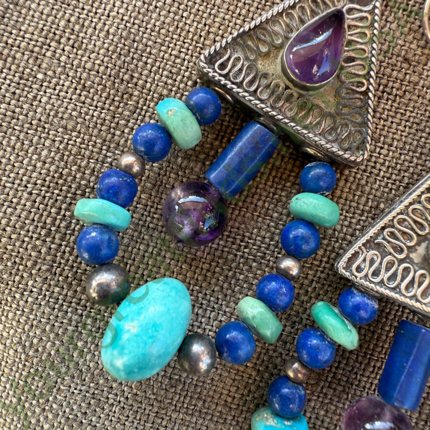 Large Sterling Silver Turquoise Lapis & Amethyst Hoop Pierced Earrings earrings