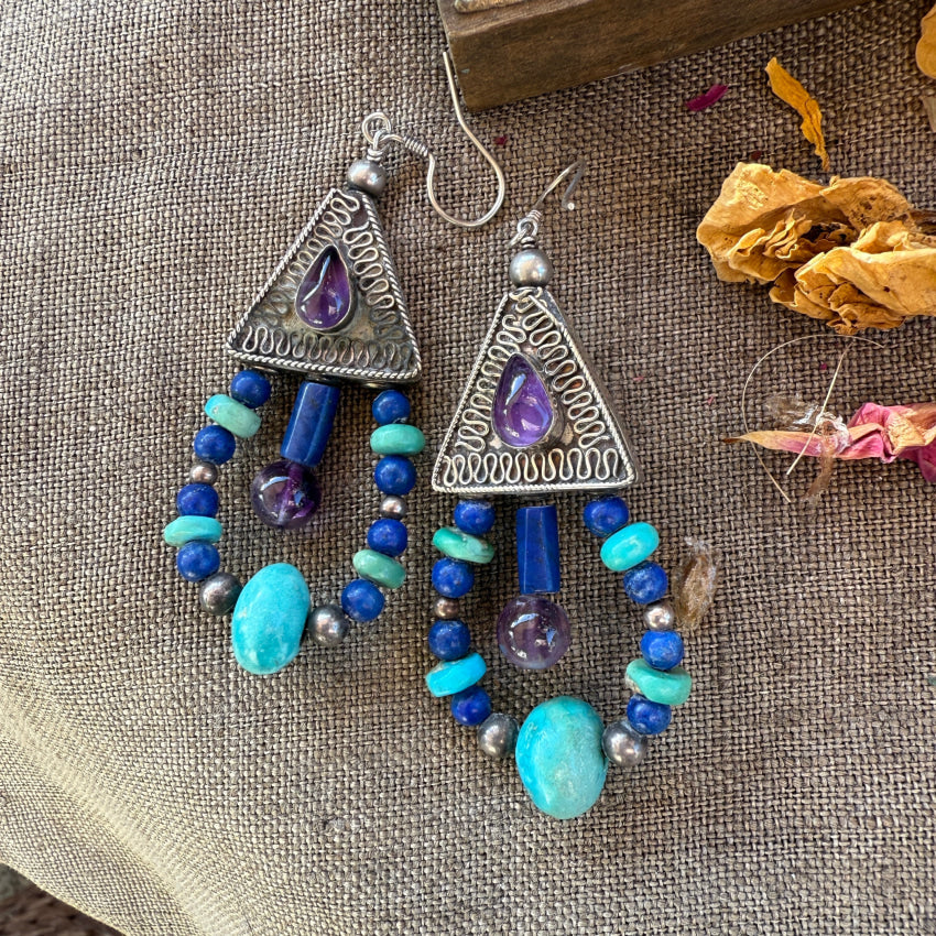 Large Sterling Silver Turquoise Lapis & Amethyst Hoop Pierced Earrings earrings