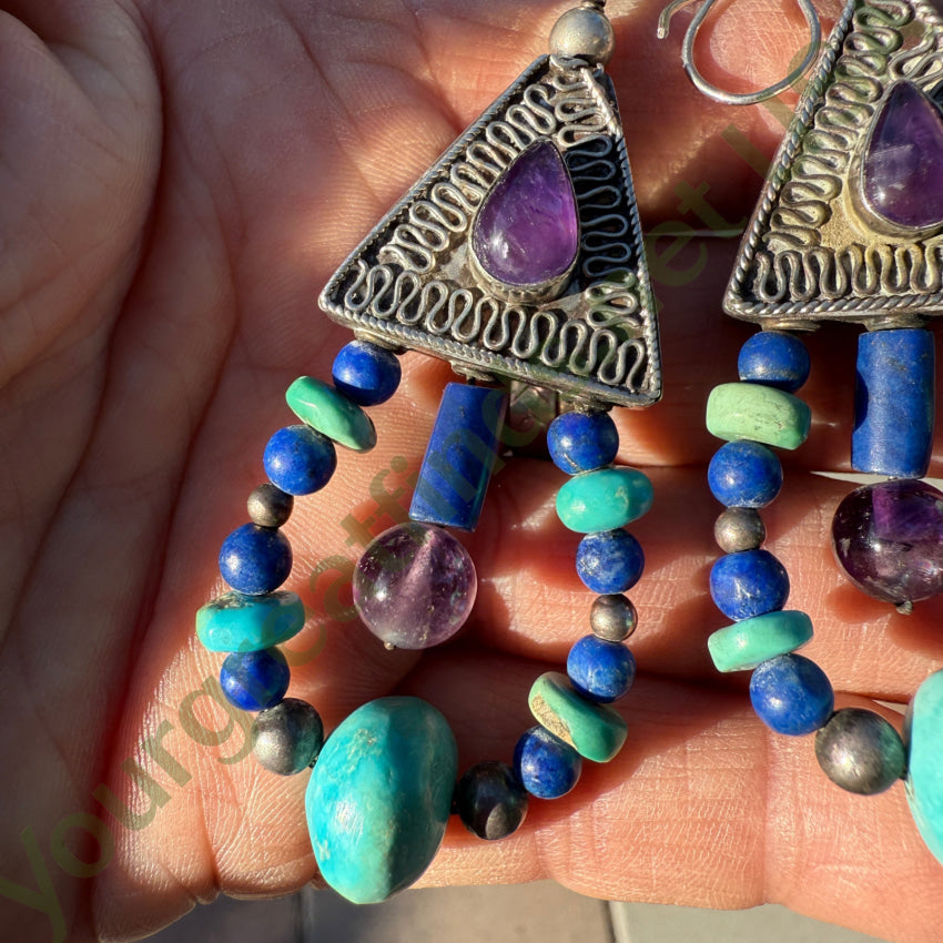Large Sterling Silver Turquoise Lapis & Amethyst Hoop Pierced Earrings earrings