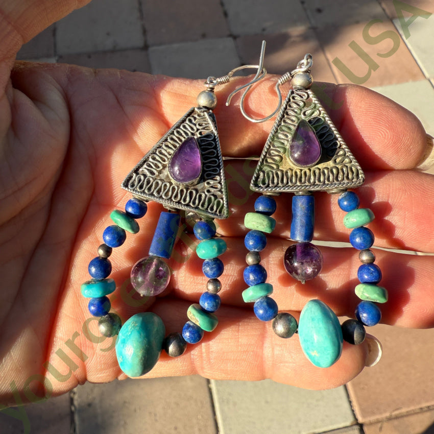 Large Sterling Silver Turquoise Lapis & Amethyst Hoop Pierced Earrings earrings