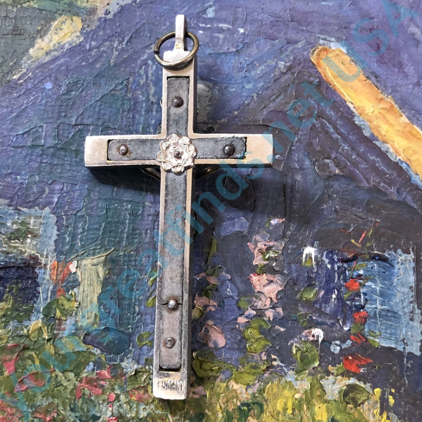 Large Vintage German Silver & Ebony Wood Crucifix Pendant Pendant