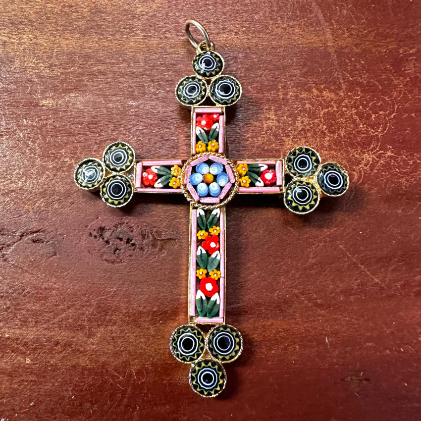 Large Vintage Italian Glass Micro Mosaic Cross Pendant Pendant