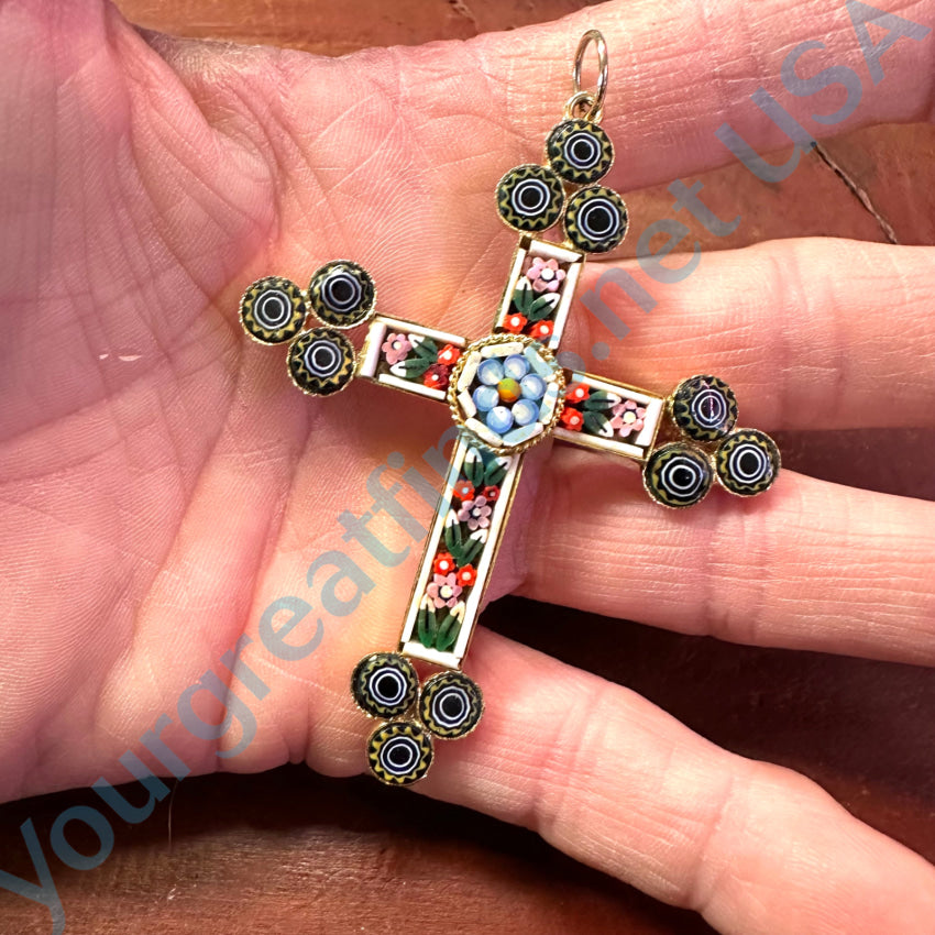 Large Vintage Italian Glass Micro Mosaic Cross Pendant Pendant