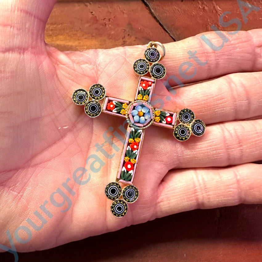 Large Vintage Italian Glass Micro Mosaic Cross Pendant Pendant