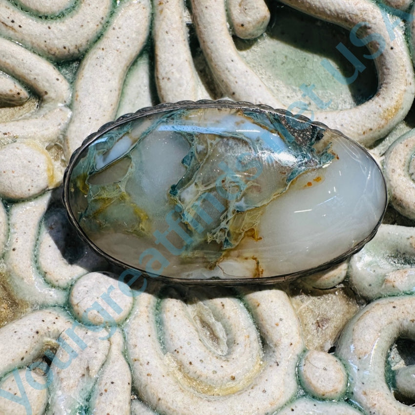 Large Vintage Moss Agate Oval Brooch Sterling Silver