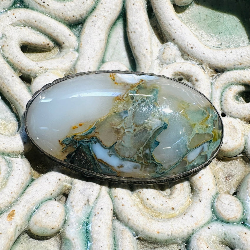 Large Vintage Moss Agate Oval Brooch Sterling Silver