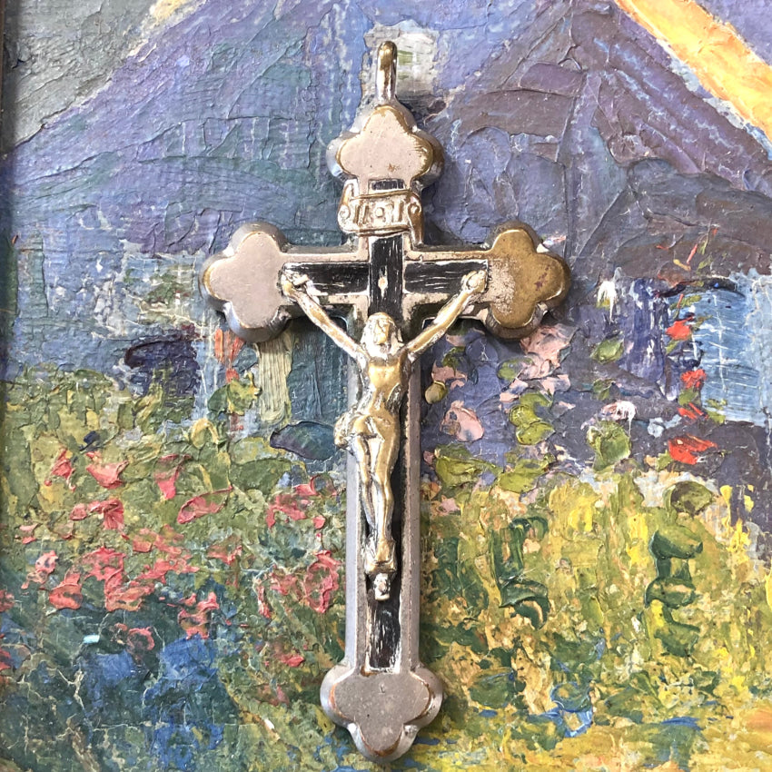 Large Vintage Silver Brass & Ebony Wood Crucifix Pendant Pendant