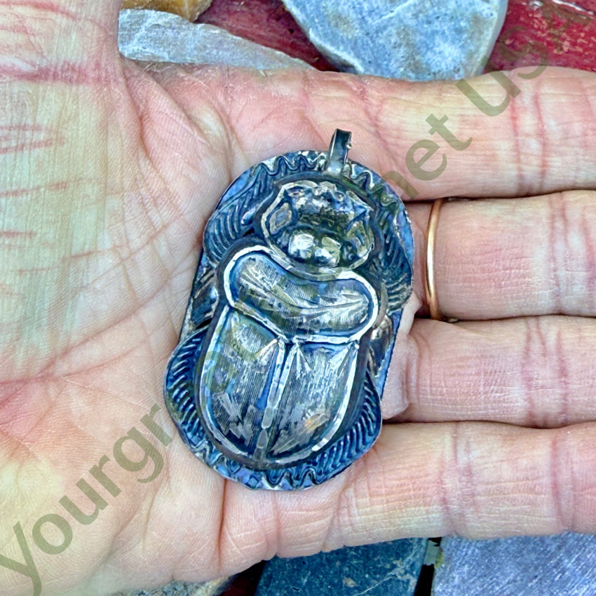 Large Vintage Sterling Silver Egyptian Revival Scarab Beetle Pendant pendant