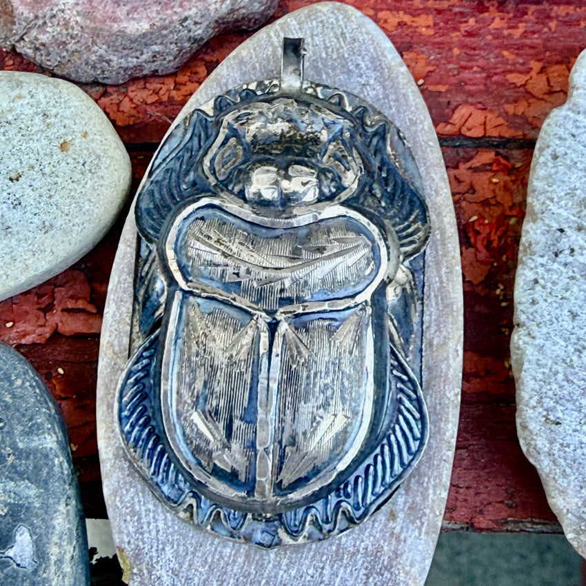 Large Vintage Sterling Silver Egyptian Revival Scarab Beetle Pendant pendant