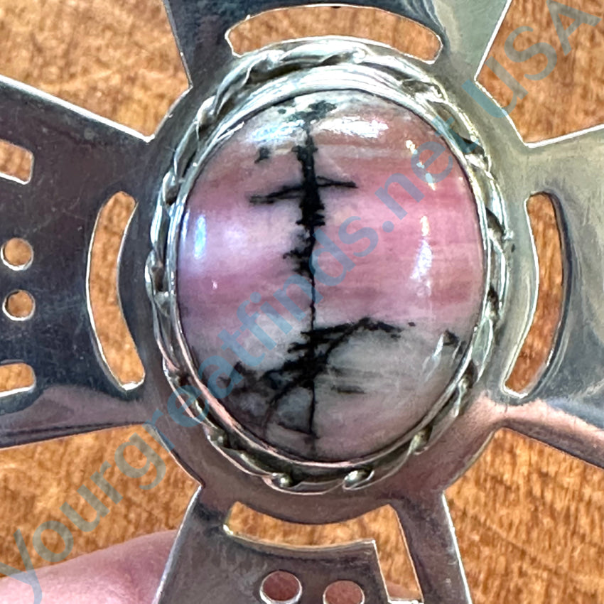 Large Vintage Sterling Silver Holy Cross Pendant Rhodonite Miracle Stone