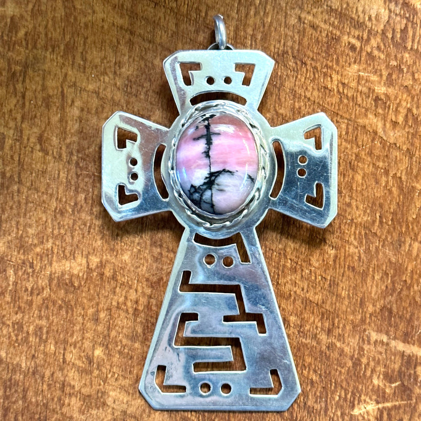 Large Vintage Sterling Silver Holy Cross Pendant Rhodonite Miracle Stone