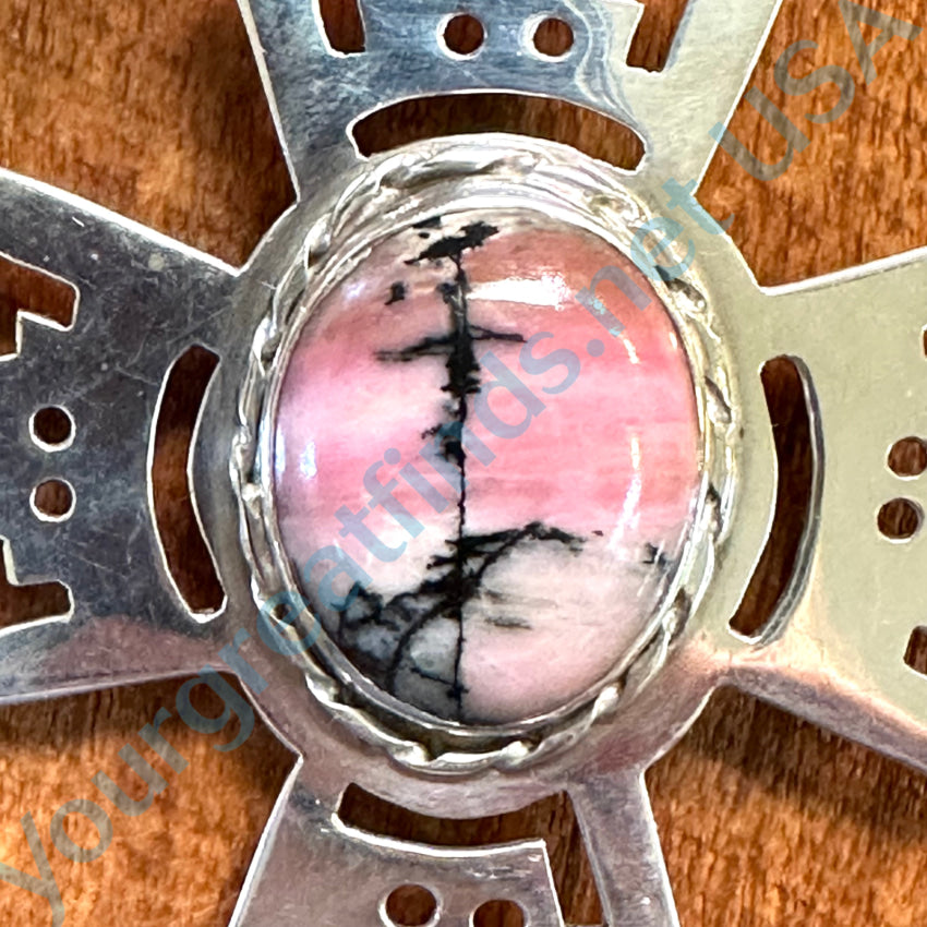 Large Vintage Sterling Silver Holy Cross Pendant Rhodonite Miracle Stone