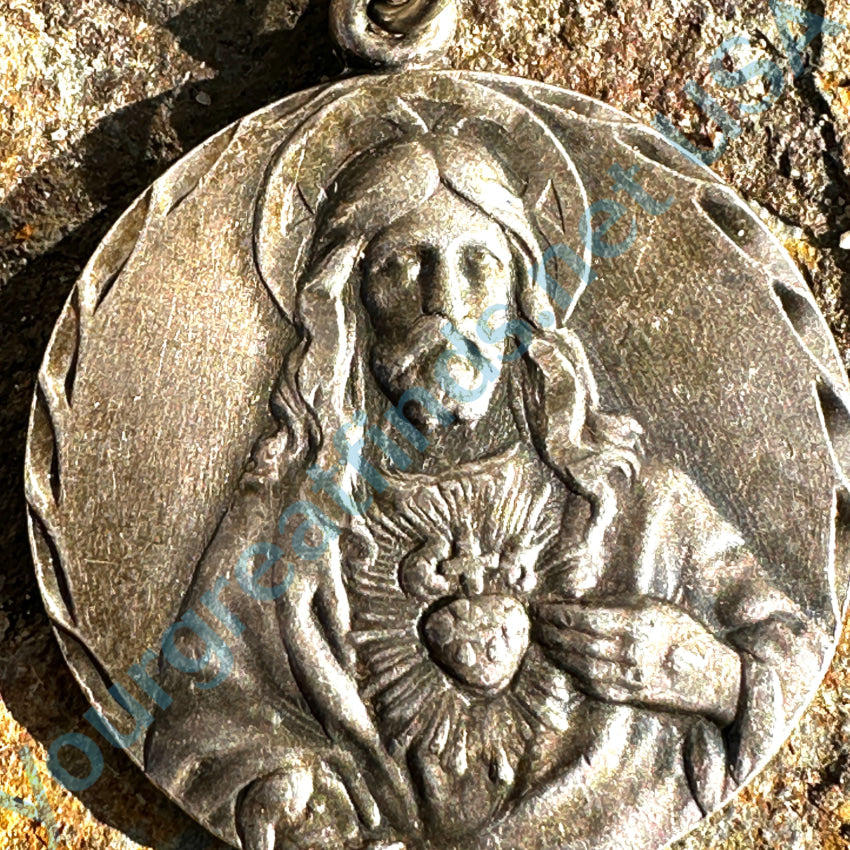 Large Vintage Sterling Silver Sacred Heart Of Jesus Devotional Pendant 2 Sides Pendant