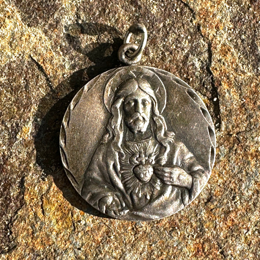 Large Vintage Sterling Silver Sacred Heart Of Jesus Devotional Pendant 2 Sides Pendant