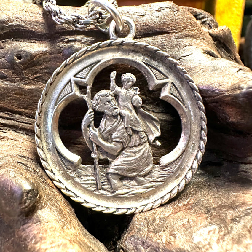 Large Vintage Sterling Silver St. Christopher Necklace Catholic