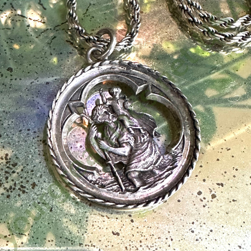 Large Vintage Sterling Silver St. Christopher Necklace Catholic