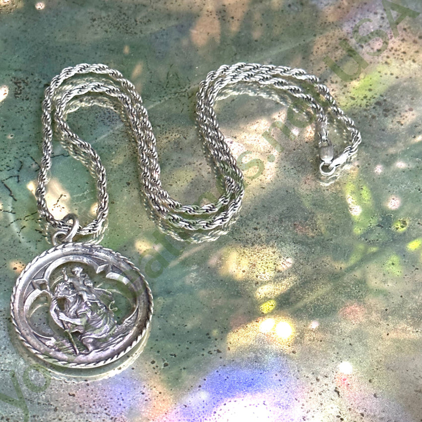 Large Vintage Sterling Silver St. Christopher Necklace Catholic