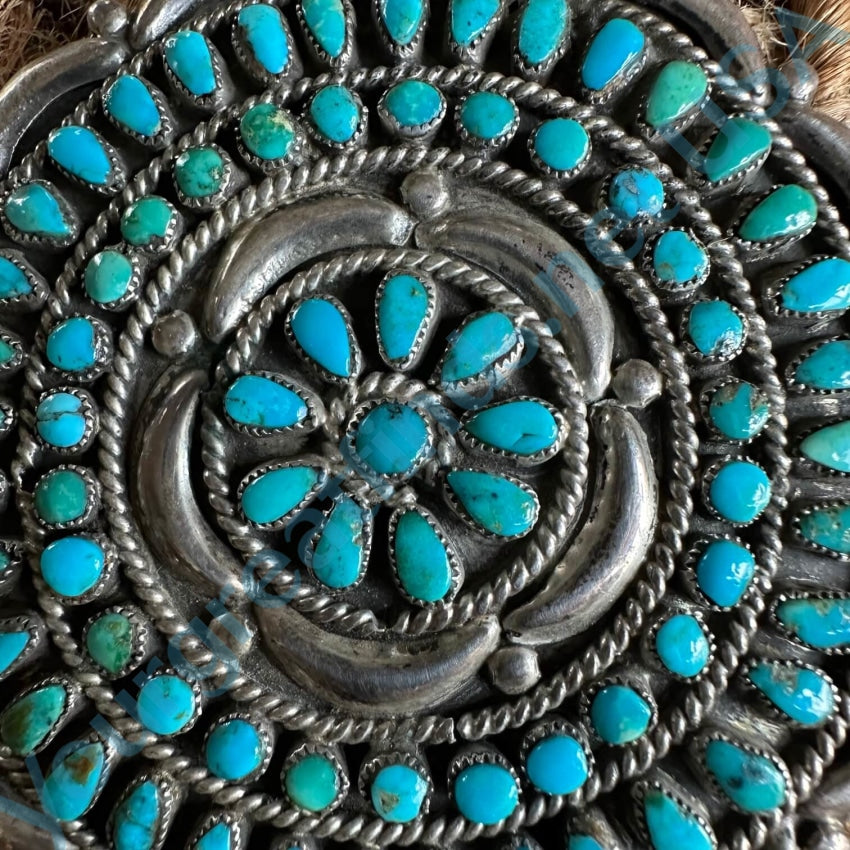 Large Zuni Petit Point Turquoise Round Rosette Pin Sterling