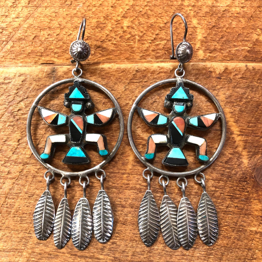 Large Zuni Sterling Silver Channel Inlay Knifewing Hoop Pierced Earrings