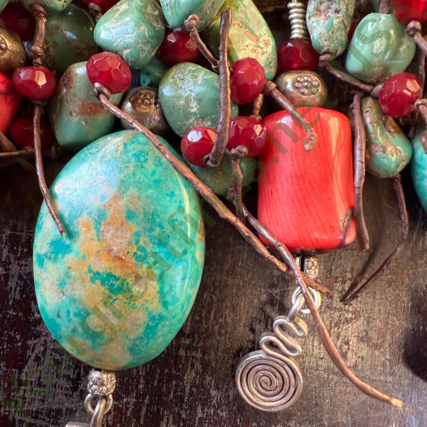 Leather Charm Necklace Sterling Silver Coral Turquoise necklace