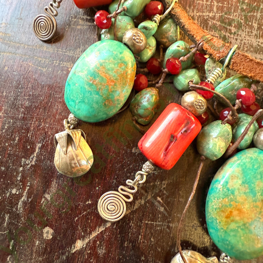 Leather Charm Necklace Sterling Silver Coral Turquoise necklace
