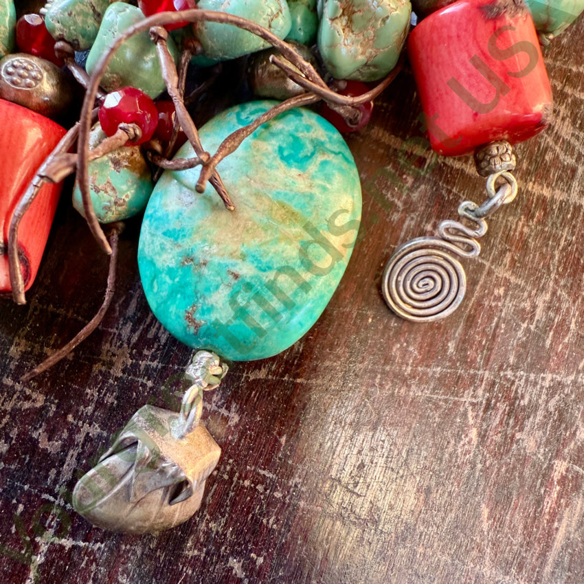 Leather Charm Necklace Sterling Silver Coral Turquoise necklace
